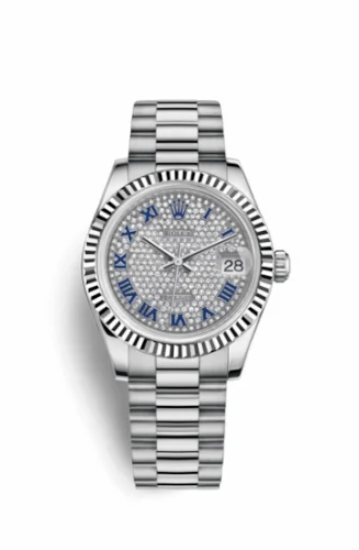 Rolex Datejust 31 White Gold Fluted / President / Paved Roman 178279-0078