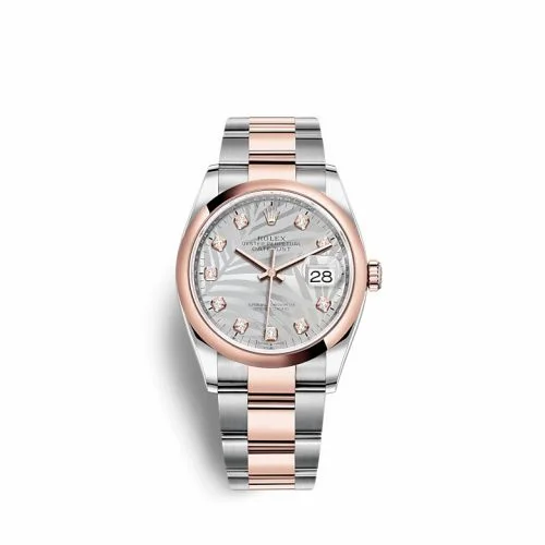 Rolex Datejust 36 Stainless Steel / Everose / Domed / Silver - Palm - Diamond / Oyster 126201-0038
