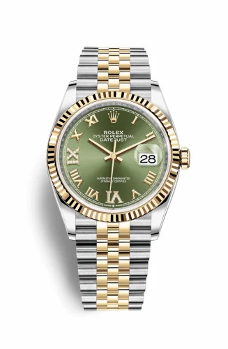 Rolex Datejust 36 Stainless Steel / Yellow Gold / Fluted / Olive Green Roman Diamond / Jubilee 126233-0025