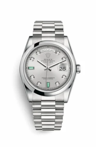 Rolex Day-Date 36 Platinum Domed / President / Silver Diamond Emerald 118206-0114