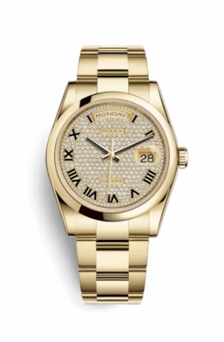 Rolex Day-Date 36 Yellow Gold Domed / Oyster / Paved Roman 118208-0137