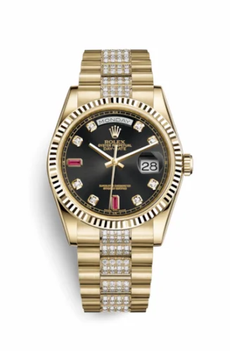 Rolex Day-Date 36 Yellow Gold Fluted / President Diamonds / Black Diamonds Rubies 118238-0405