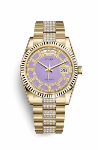 Rolex Day-Date 36 Yellow Gold Fluted / President Diamonds / Lavender Jade Carousel 118238-0441