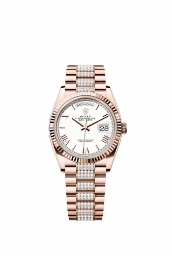 Rolex Day-Date 36 Everose Gold - Fluted / White - Roman / President - Diamond 128235-0071