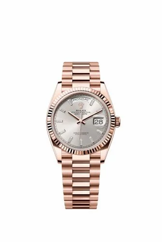 Rolex Day-Date 36 Everose Gold - Fluted / Silver - Baguette 128235-0087