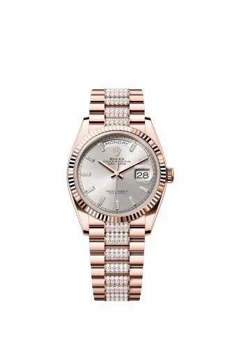 Rolex Day-Date 36 Everose Gold - Fluted / Silver - Baguette / President - Diamond 128235-0088
