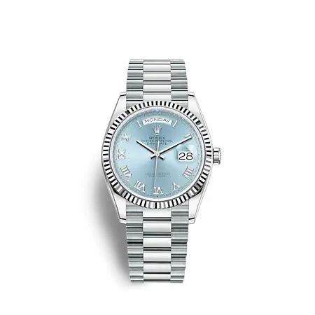 Rolex Day-Date 36 Platinum - Fluted / Ice Blue - Roman / President 128236-0008
