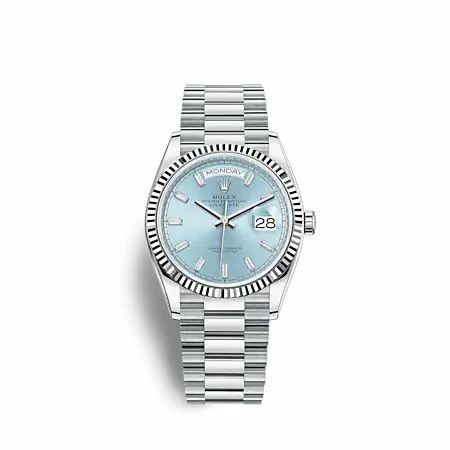 Rolex Day-Date 36 Platinum - Fluted / Ice Blue - Baguette / President 128236-0009