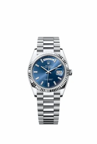 Rolex Day-Date 36 Platinum - Fluted / Bright Blue - Baguette / President 128236-0023