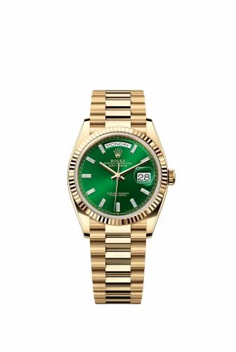 Rolex Day-Date 36 Yellow Gold / Fluted / Bright Green - Baguette / President 128238-0130
