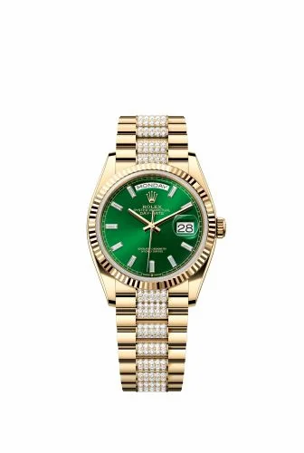 Rolex Day-Date 36 Yellow Gold - Fluted / Bright Green - Baguette / President - Diamond 128238-0131