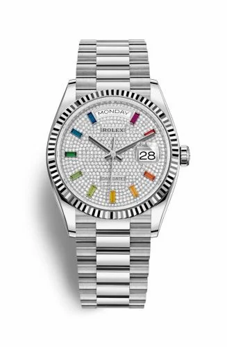 Rolex Day-Date 36 White Gold / Fluted / Paved-Rainbow / President 128239-0019