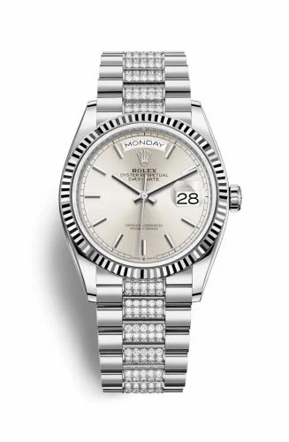 Rolex Day-Date 36 White Gold / Fluted / Silver / President-Diamond 128239-0025
