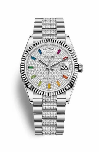 Rolex Day-Date 36 White Gold / Fluted / Paved-Rainbow / President-Diamond 128239-0027
