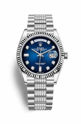 Rolex Day-Date 36 White Gold / Fluted / Blue Ombré-Diamond / President-Diamond 128239-0029