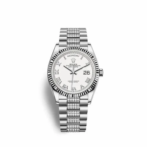 Rolex Day-Date 36 White Gold Fluted / White - Roman / President - Diamond 128239-0039