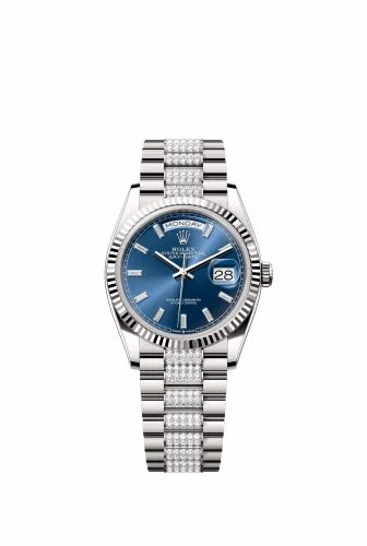 Rolex Day-Date 36 White Gold - Fluted / Bright Blue - Baguette / President - Diamond 128239-0070