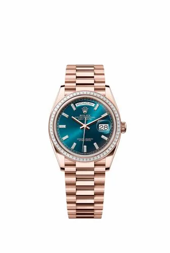 Rolex Day-Date 36 Everose Gold - Baguette / Blue-Green - Baguette / President 128395TBR-0032