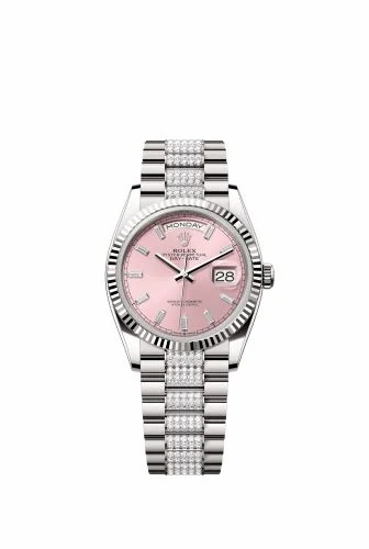 Rolex Day-Date 36 White Gold - Fluted / Pink - Baguette / President - Diamond 28239-0072