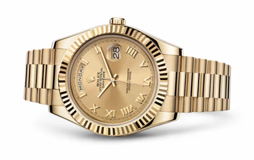 Rolex Day-Date II Yellow Gold Fluted Champagne Roman 218238-0038