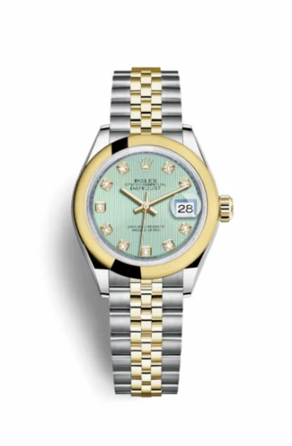 Rolex Lady-Datejust 28 Rolesor Yellow Domed / Jubilee / Mint Green Tuxedo 279163-0015