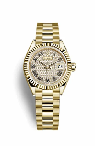 Rolex Lady-Datejust 28 Yellow Gold Fluted / President / Paved Roman 279178-0031
