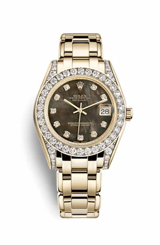 Rolex Datejust Pearlmaster 34 Yellow Gold Diamond Shoulders Black Mother of Pearl Diamonds 81158-0066