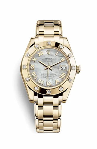 Rolex Datejust Pearlmaster 34 Yellow Gold 12 Diamond Mother of Pearl Roman 81318-0005